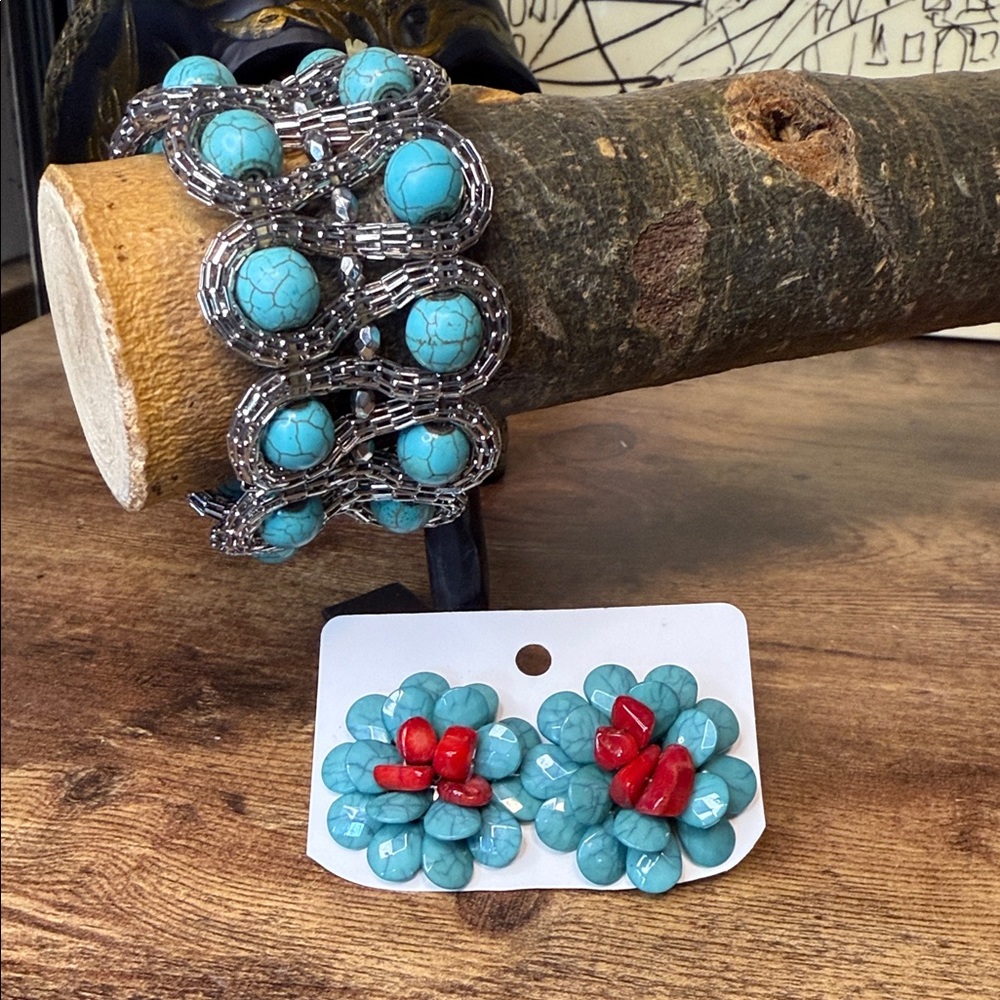 Turquoise and Red Beaded Bracelet and earring set